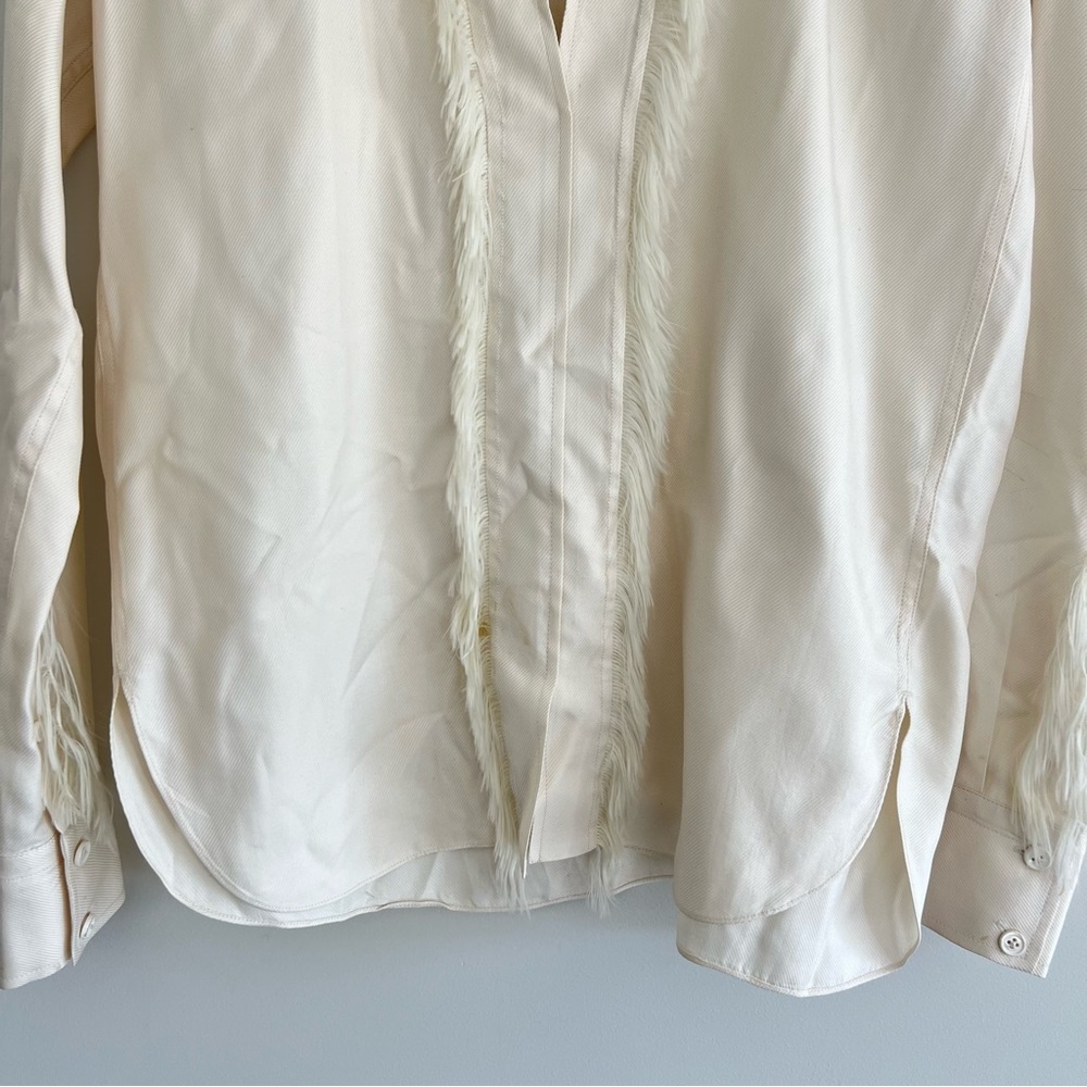 HELMUT LANG Twill Silk Feather Trim Ecru / White Fringe Long Sleeve Blouse Sz XS - Picture 4 of 16